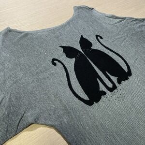 White House Black Market Y2K Black Cat Graphic 3/4 Sleeve Knit Top Women's S